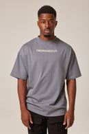 GREY T-SHIRT OVERSIZED LUXURY QUALITY DROP SHOULDER MOCK NECK WITH BACK COLOURFUL PRINT PHOENIX